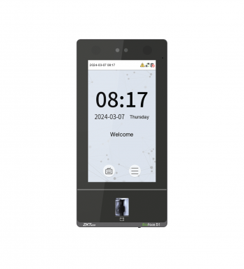 ZKTeco BioFace D1 front view: Multi-biometric terminal with facial recognition and in-glass fingerprint sensor. Advanced security hardware for office access control in Uganda.