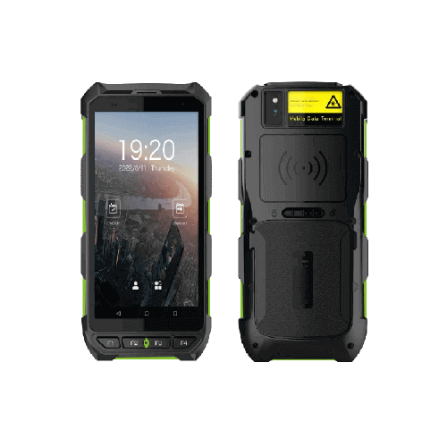 ZKTeco Horus H1 mobile time-attendance terminal with front touchscreen and rear rugged casing in black and green.