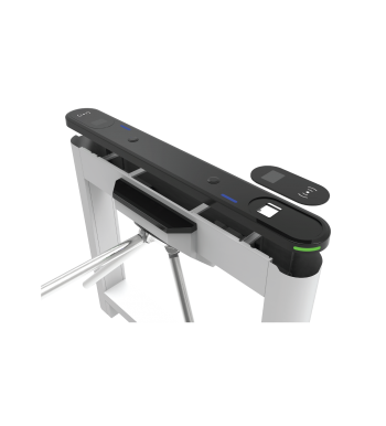Top view of ZKTeco Saturn-T1000 turnstile featuring the touch panel and authentication interface. Professional entry security hardware for malls and offices across Uganda.