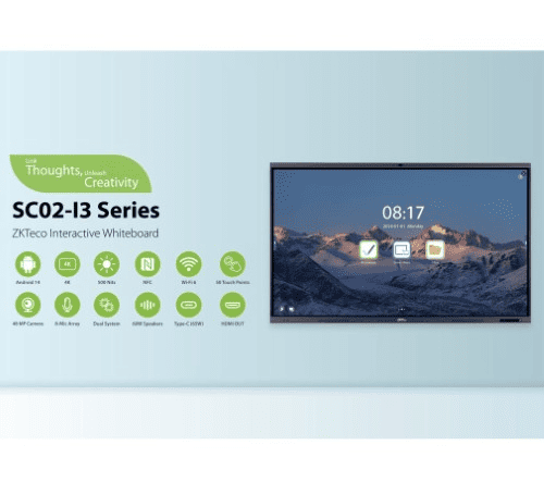 KTeco Uganda SC02-I3 Smart Whiteboard overview: 4K UHD, NFC, Wi-Fi 6, and 48MP camera for advanced education and corporate meeting rooms in Kampala and East Africa.