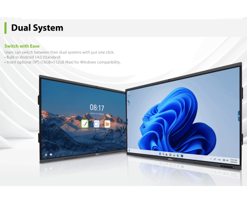 ZKTeco SC02-I3 Dual System Interactive Whiteboard in Uganda: Seamlessly switch between Android 14 and Windows 11 OPS for smart business meetings in Kampala and East Africa.
