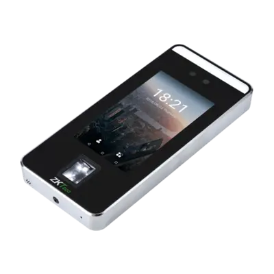 Angled view of ZKTeco SpeedFace-V5 in Uganda. Features a touch screen, fingerprint, and RFID verification for secure access control and hygienic employee attendance in Kampala offices.