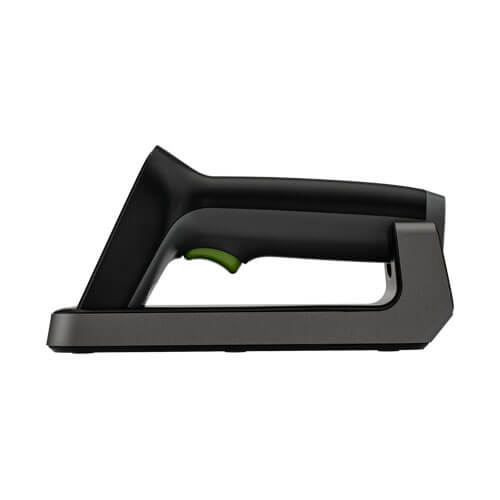 ZKB203S handheld 2D scanner side profile: Ergonomic grip and green trigger with magnetic charging base. Reliable barcode scanning for retail and logistics in Kampala and Uganda.