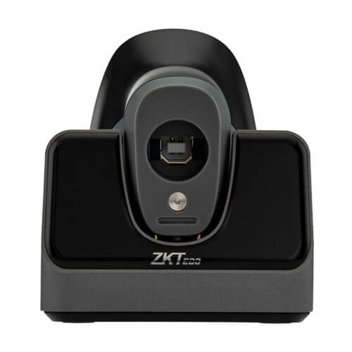 ZKTeco ZKB203S wireless barcode scanner in charging station. Professional biometric branding and scanning lens for retail and warehouse inventory management in Kampala and Uganda.