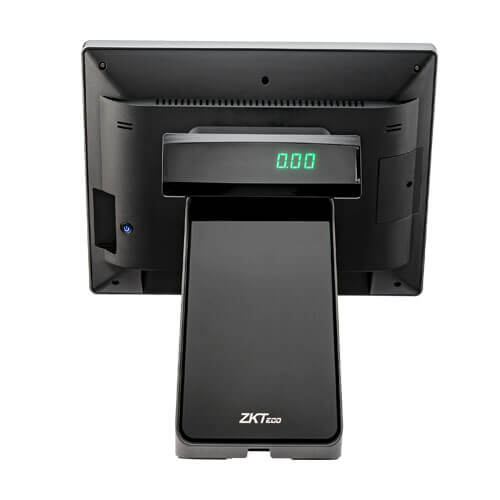 ZKTeco ZKBio710 POS rear view: Features hidden cable management and customer display interface. Clean, professional POS setup for retail stores across Kampala and Uganda.