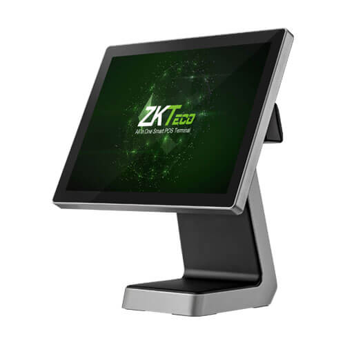 ZKTeco ZKBio710 All-in-One Smart POS Terminal: Angled side profile showing sleek aluminum alloy stand and fanless design. Premium POS hardware for retail and hospitality in Kampala, Uganda.