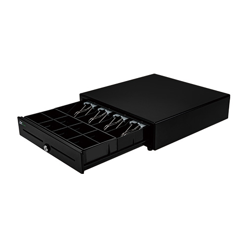 Open ZKTeco ZKC0408 metal cash drawer: Side view showing 4 bill and 8 coin slots. Efficient POS cash handling for retail and supermarkets in Kampala and Uganda.