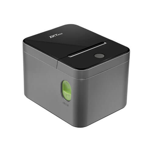 ZKTeco ZKP8012 high-speed receipt printer side view: Features scratch-resistant UV coating and easy-open latch. Durable printing solution for shops and retail in Kampala and Uganda.