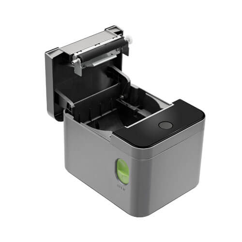Open ZKTeco ZKP8012 thermal printer: 80mm paper roll compartment and internal mechanism. Efficient receipt printing for POS systems in retail and shops in Kampala and Uganda.